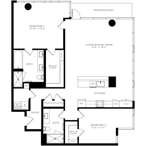floor plan with 2 bedroom, 2 bathroom, kitchen, and living/dining room.